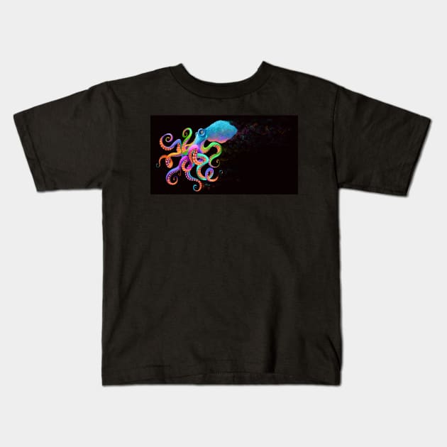 Rainbow Octopus horizontal on black Kids T-Shirt by TrevorIrvin